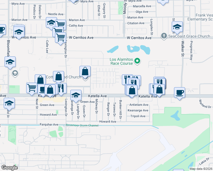 map of restaurants, bars, coffee shops, grocery stores, and more near 4921 Katella Avenue in Cypress