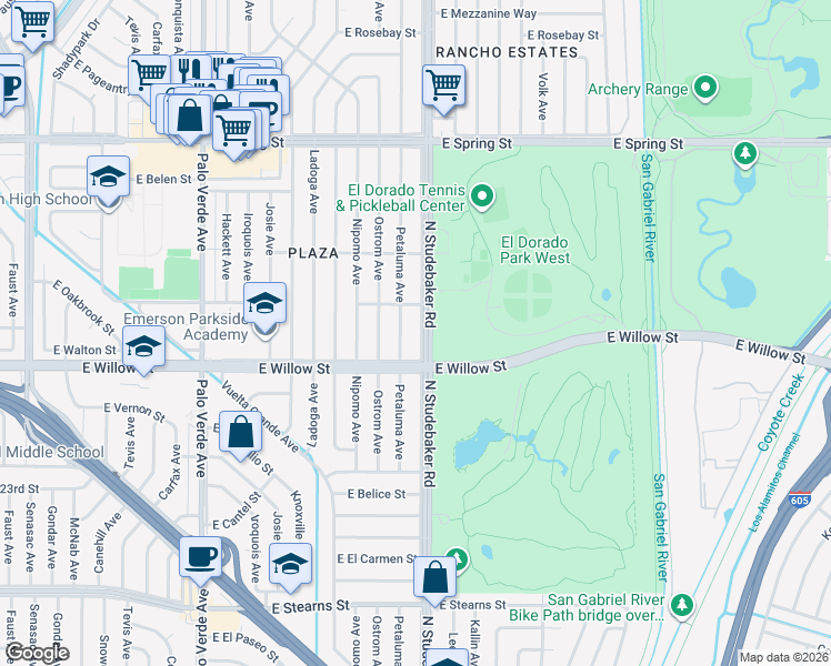 map of restaurants, bars, coffee shops, grocery stores, and more near 2619 North Studebaker Road in Long Beach