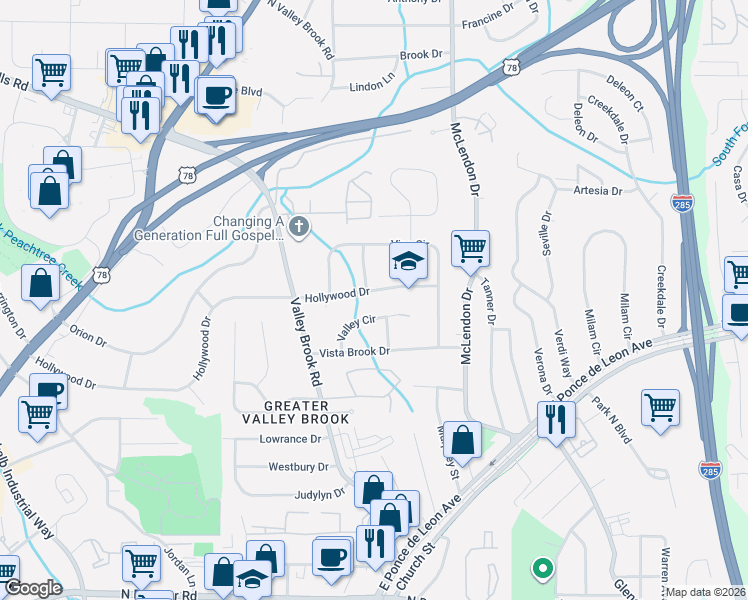 map of restaurants, bars, coffee shops, grocery stores, and more near 3078 Valley Circle in Decatur