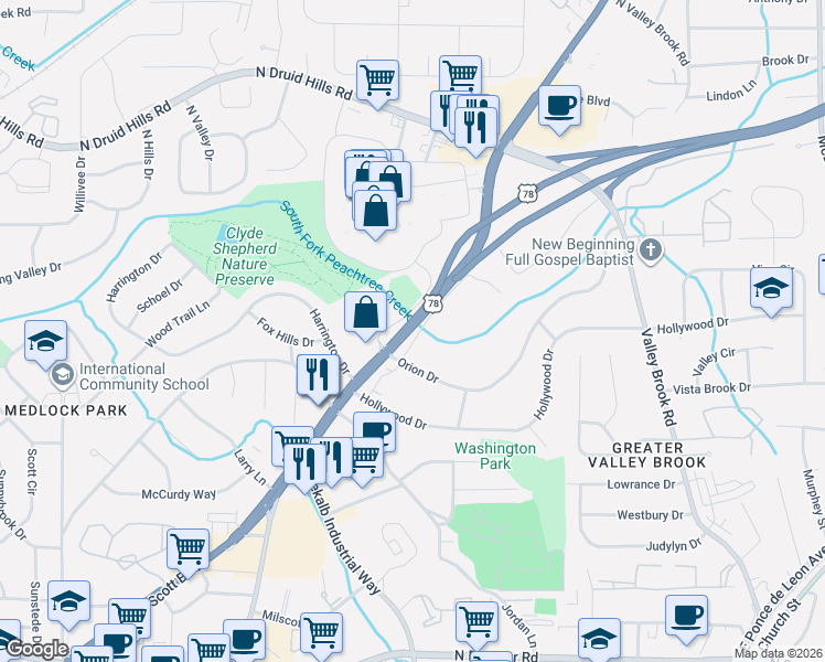 map of restaurants, bars, coffee shops, grocery stores, and more near 2758 Orion Drive in Decatur