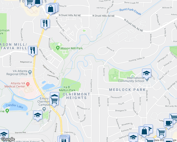map of restaurants, bars, coffee shops, grocery stores, and more near 2155 Heritage Heights in Decatur