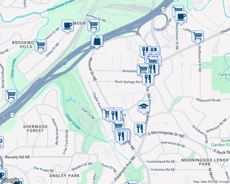 map of restaurants, bars, coffee shops, grocery stores, and more near 772 Piedmont Way Northeast in Atlanta
