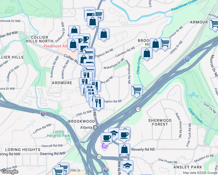 map of restaurants, bars, coffee shops, grocery stores, and more near 43 Northwood Avenue Northeast in Atlanta