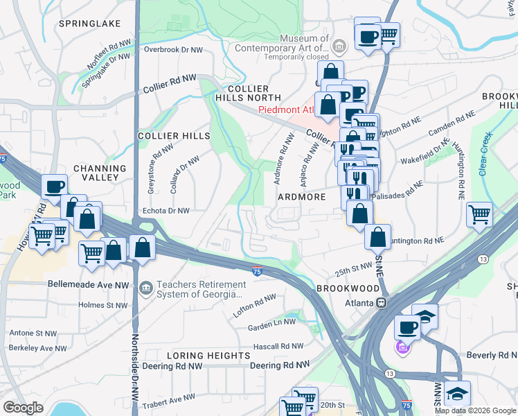 map of restaurants, bars, coffee shops, grocery stores, and more near 9 Ardmore Square Northwest in Atlanta