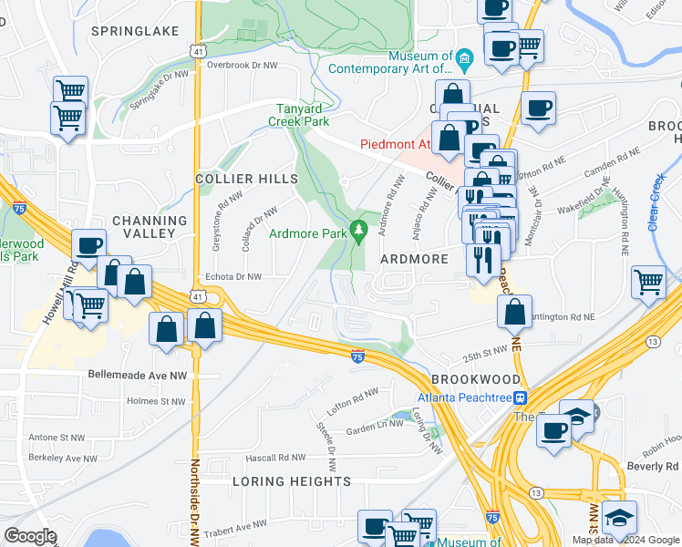 map of restaurants, bars, coffee shops, grocery stores, and more near 9 Ardmore Square Northwest in Atlanta