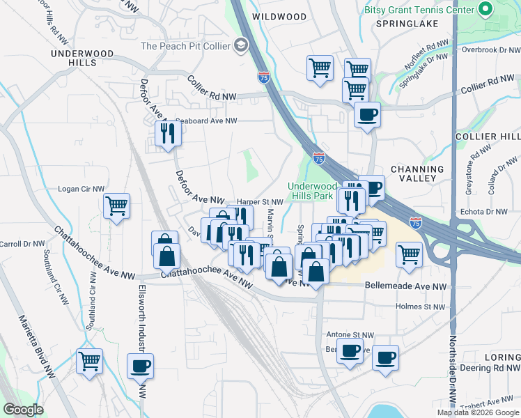 map of restaurants, bars, coffee shops, grocery stores, and more near 1769 Defoor Avenue Northwest in Atlanta