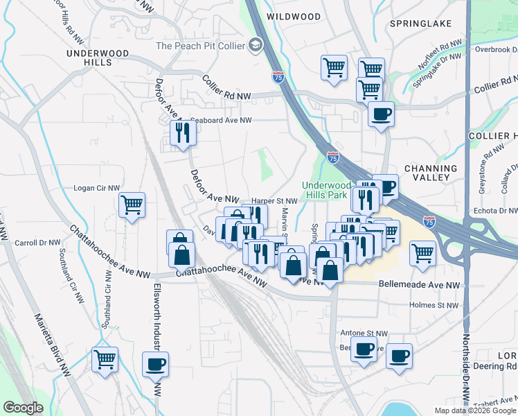 map of restaurants, bars, coffee shops, grocery stores, and more near 1769 Defoor Avenue Northwest in Atlanta