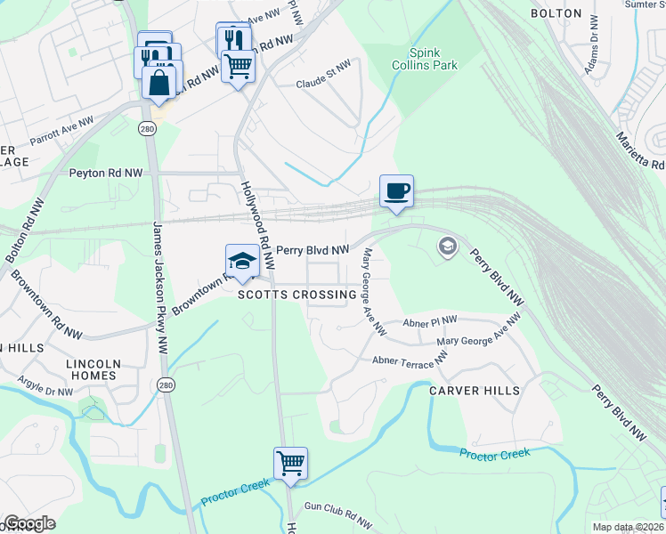 map of restaurants, bars, coffee shops, grocery stores, and more near 2435 Main Street Northwest in Atlanta