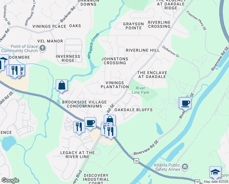 map of restaurants, bars, coffee shops, grocery stores, and more near 6058 Farmwood Way Southeast in Mableton