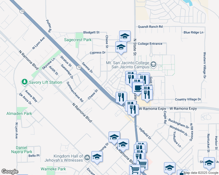 map of restaurants, bars, coffee shops, grocery stores, and more near 1267 Bounty Way in San Jacinto