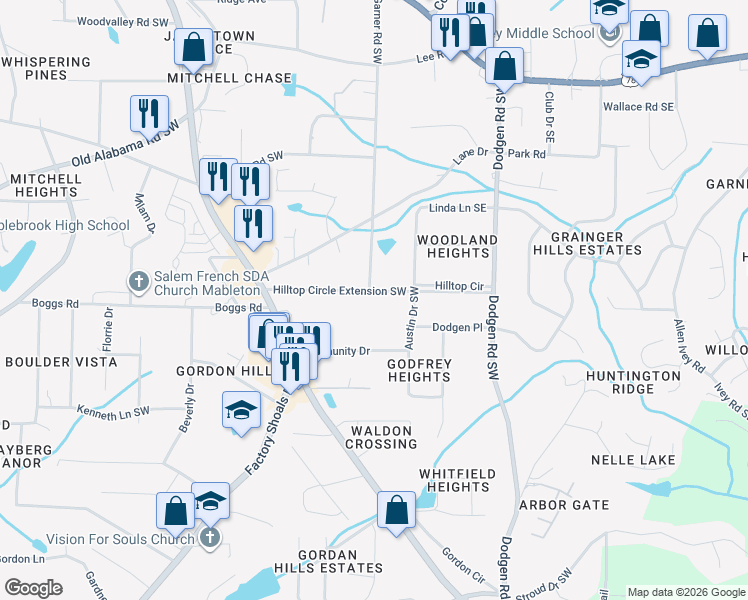 map of restaurants, bars, coffee shops, grocery stores, and more near 329 Hilltop Extensions Circle Southwest in Mableton