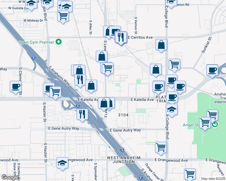 map of restaurants, bars, coffee shops, grocery stores, and more near 905 East Katella Avenue in Anaheim