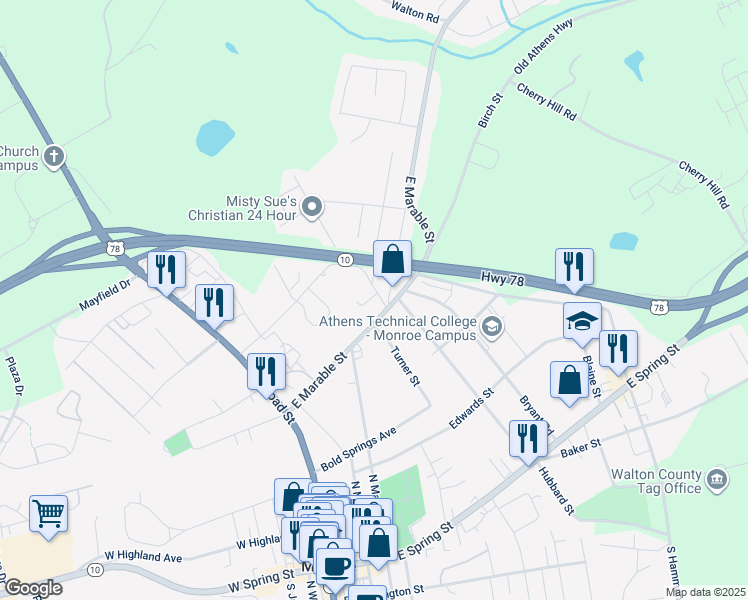 map of restaurants, bars, coffee shops, grocery stores, and more near 407 Maple Way in Monroe