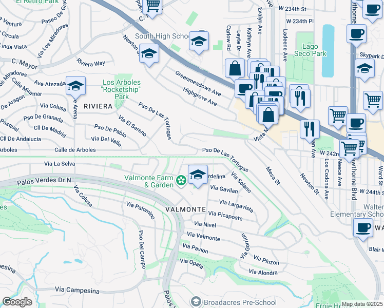 map of restaurants, bars, coffee shops, grocery stores, and more near 4600 Paseo De Las Tortugas in Torrance