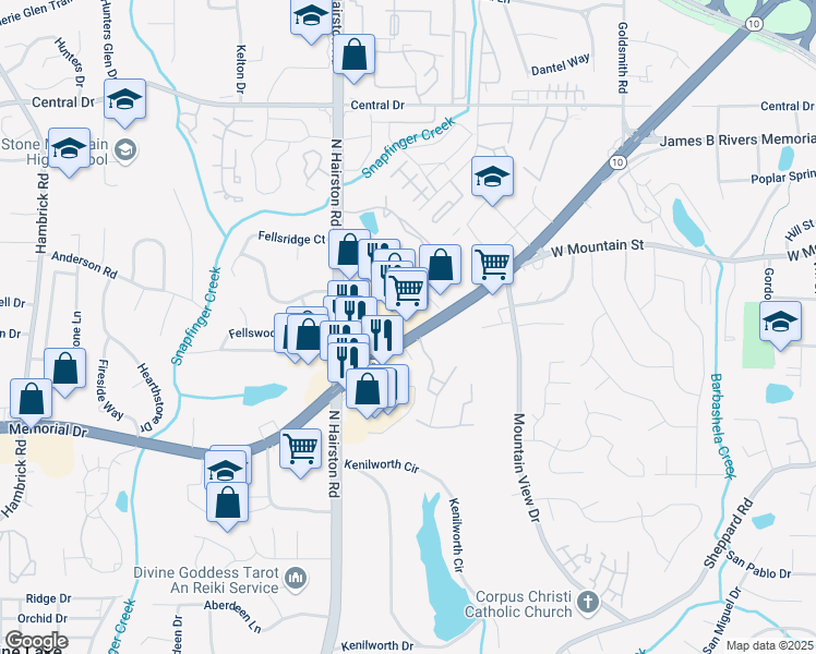 map of restaurants, bars, coffee shops, grocery stores, and more near 6098 Memorial Drive in Stone Mountain