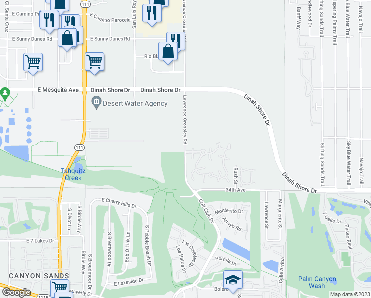 map of restaurants, bars, coffee shops, grocery stores, and more near 1518 Crossley Road in Palm Springs