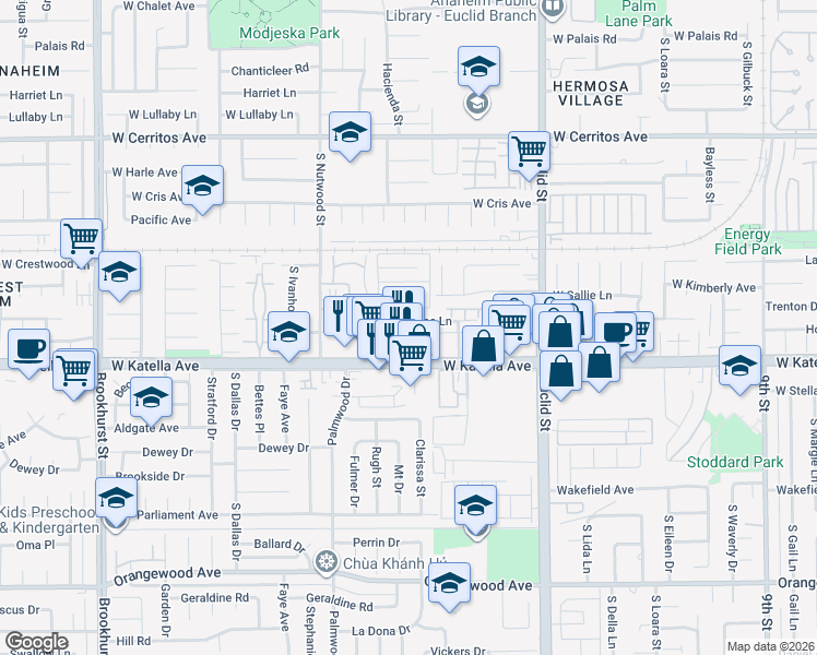map of restaurants, bars, coffee shops, grocery stores, and more near 1812 West Sumac Lane in Anaheim
