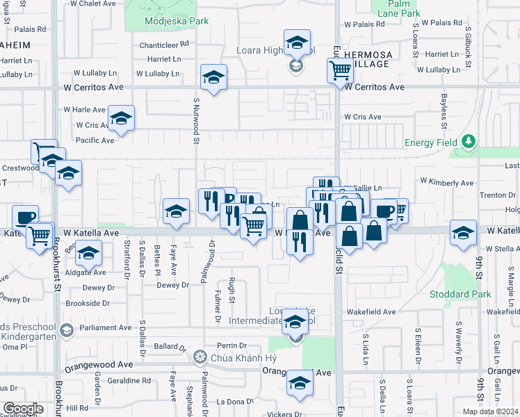 map of restaurants, bars, coffee shops, grocery stores, and more near 1808 West Sumac Lane in Anaheim
