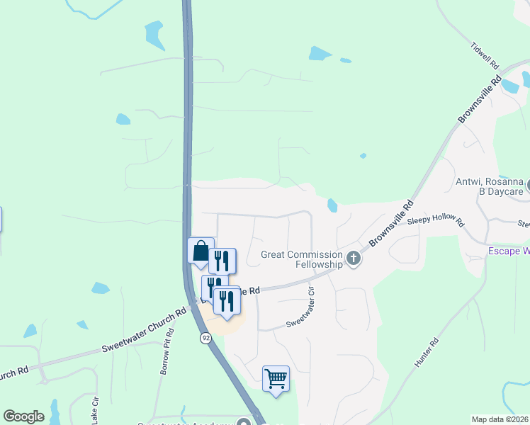 map of restaurants, bars, coffee shops, grocery stores, and more near 355 Water Way Trail in Powder Springs