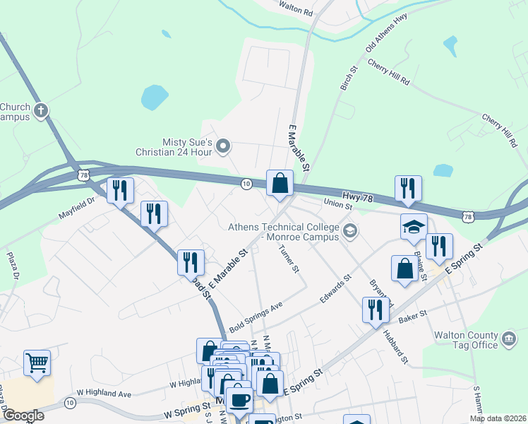 map of restaurants, bars, coffee shops, grocery stores, and more near Maple Way in Monroe