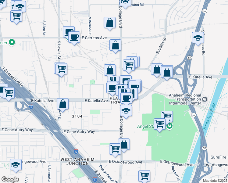 map of restaurants, bars, coffee shops, grocery stores, and more near 1801 East Katella Avenue in Anaheim
