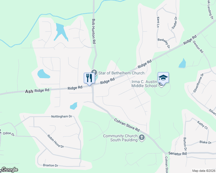 map of restaurants, bars, coffee shops, grocery stores, and more near 192 Peggy Meadows Way in Douglasville