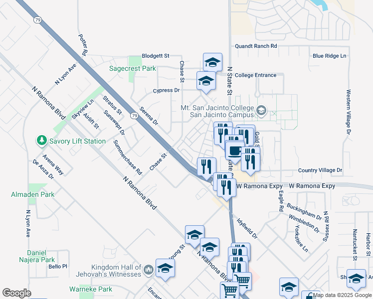 map of restaurants, bars, coffee shops, grocery stores, and more near 1267 Bounty Way in San Jacinto