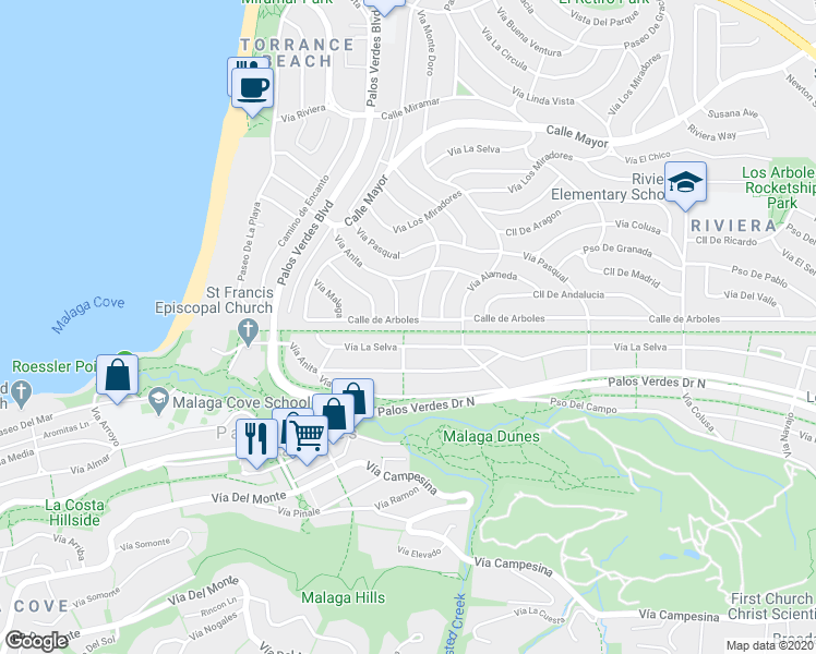 map of restaurants, bars, coffee shops, grocery stores, and more near 326 Calle de Arboles in Redondo Beach