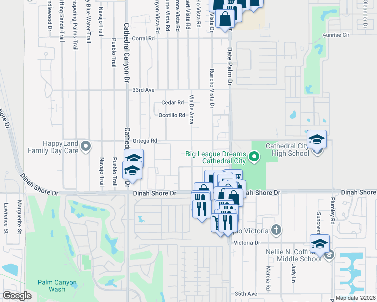map of restaurants, bars, coffee shops, grocery stores, and more near 33585 Via De Anza in Cathedral City