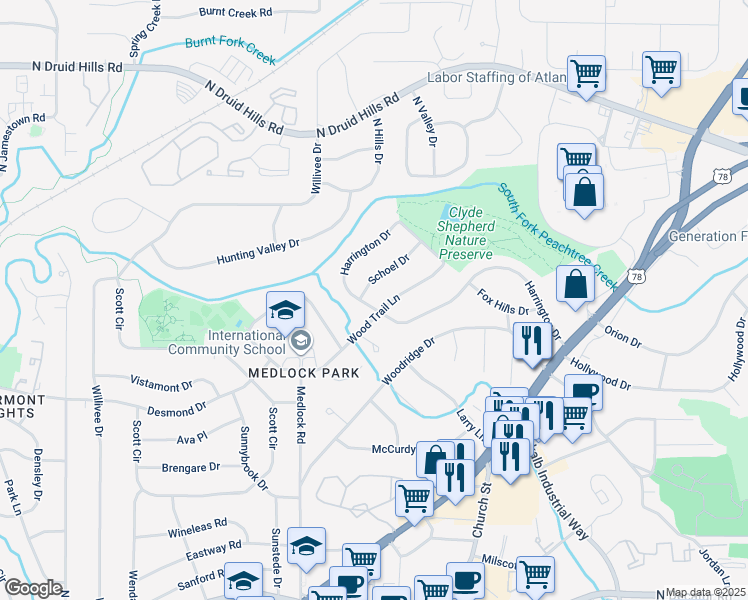 map of restaurants, bars, coffee shops, grocery stores, and more near 2534 Wood Trail Lane in Decatur