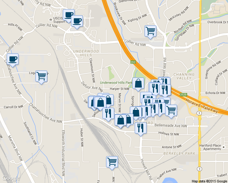 map of restaurants, bars, coffee shops, grocery stores, and more near 1775 Harper Street Northwest in Atlanta