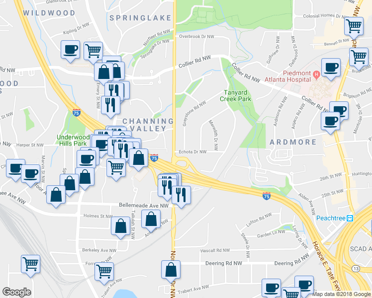 map of restaurants, bars, coffee shops, grocery stores, and more near 1809 Greystone Road Northwest in Atlanta