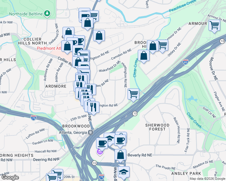 map of restaurants, bars, coffee shops, grocery stores, and more near 46 Woodcrest Avenue Northeast in Atlanta