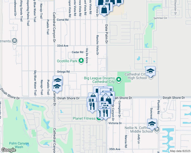 map of restaurants, bars, coffee shops, grocery stores, and more near 68711 E Street in Cathedral City