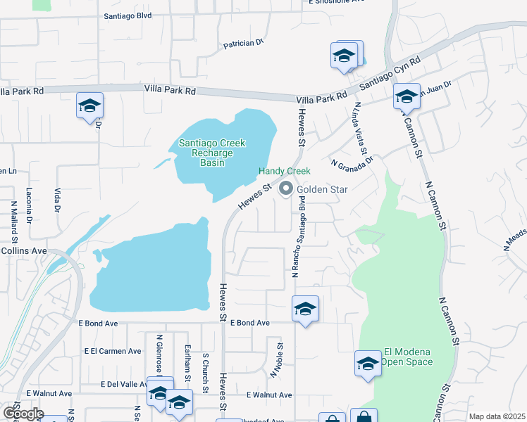 map of restaurants, bars, coffee shops, grocery stores, and more near 1019 North Sonora Circle in Orange