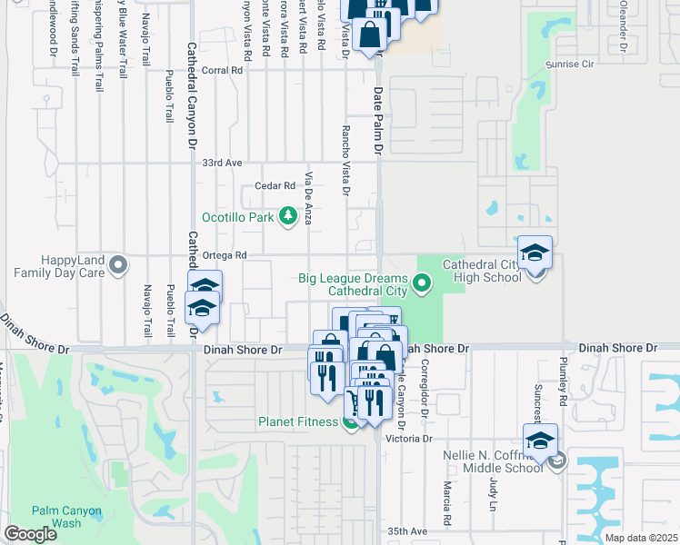 map of restaurants, bars, coffee shops, grocery stores, and more near 33655 Rancho Vista Drive in Cathedral City