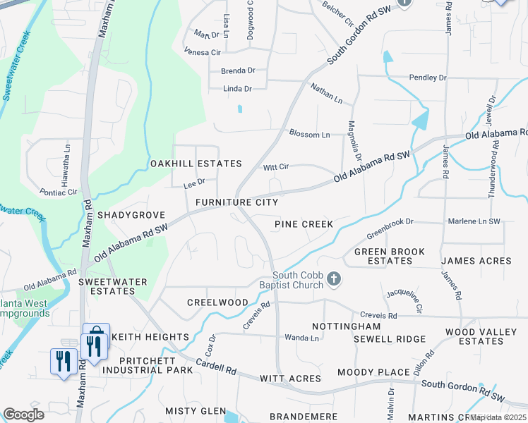 map of restaurants, bars, coffee shops, grocery stores, and more near 1874 Carisbrook Place Southwest in Austell