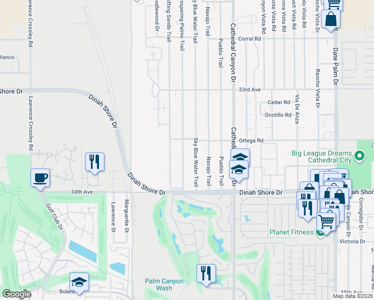 map of restaurants, bars, coffee shops, grocery stores, and more near 33590 Whispering Palms Trail in Cathedral City