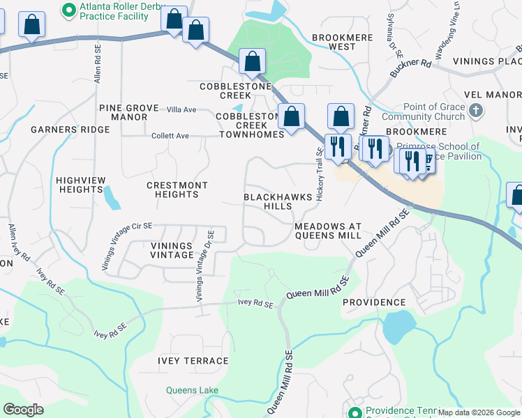 map of restaurants, bars, coffee shops, grocery stores, and more near 618 Hickory Trail Southeast in Mableton