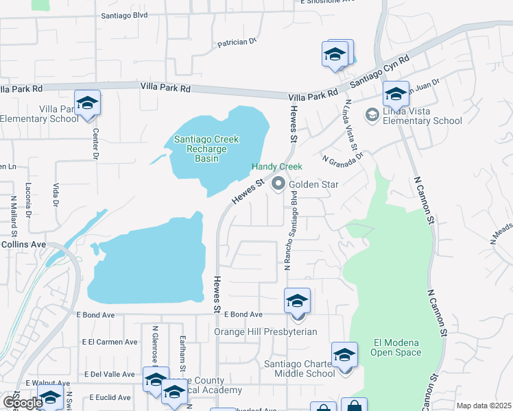 map of restaurants, bars, coffee shops, grocery stores, and more near 1019 North Sonora Circle in Orange