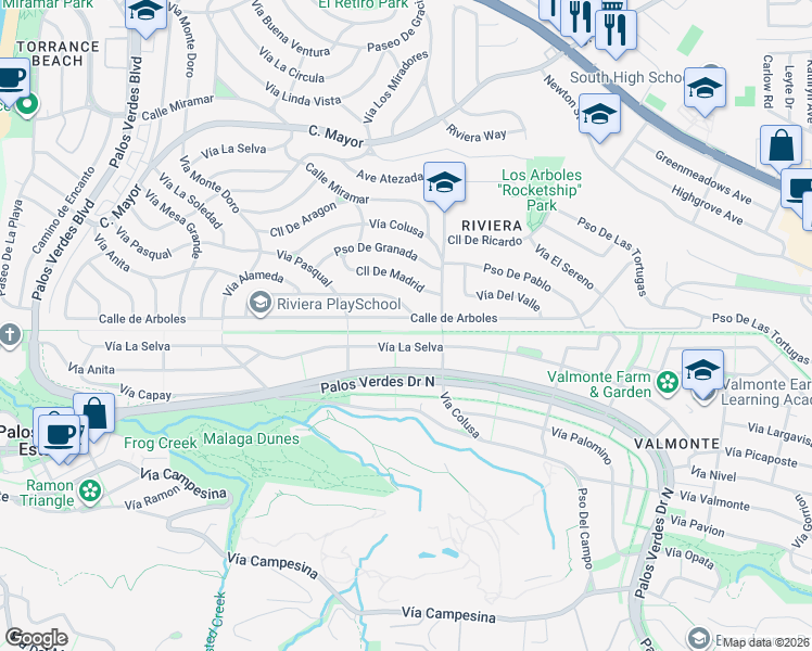 map of restaurants, bars, coffee shops, grocery stores, and more near 848 Calle de Arboles in Redondo Beach