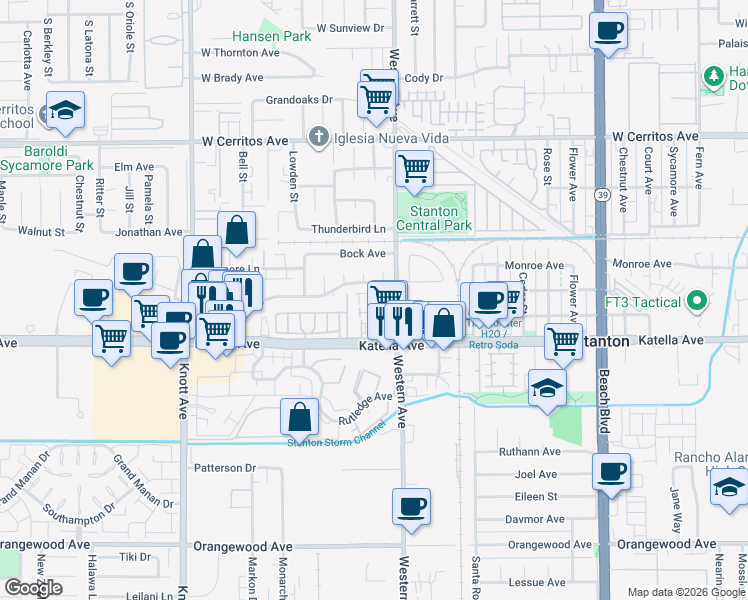 map of restaurants, bars, coffee shops, grocery stores, and more near in Stanton
