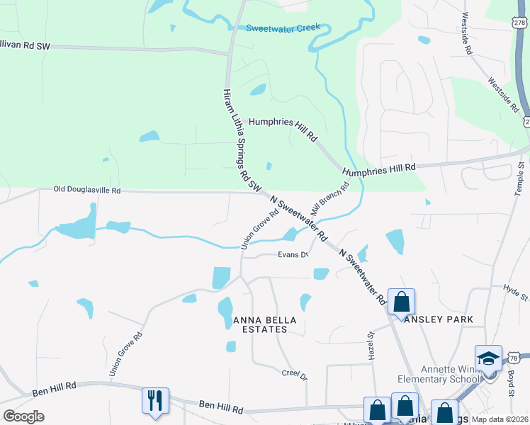 map of restaurants, bars, coffee shops, grocery stores, and more near 6222 Union Grove Road in Lithia Springs