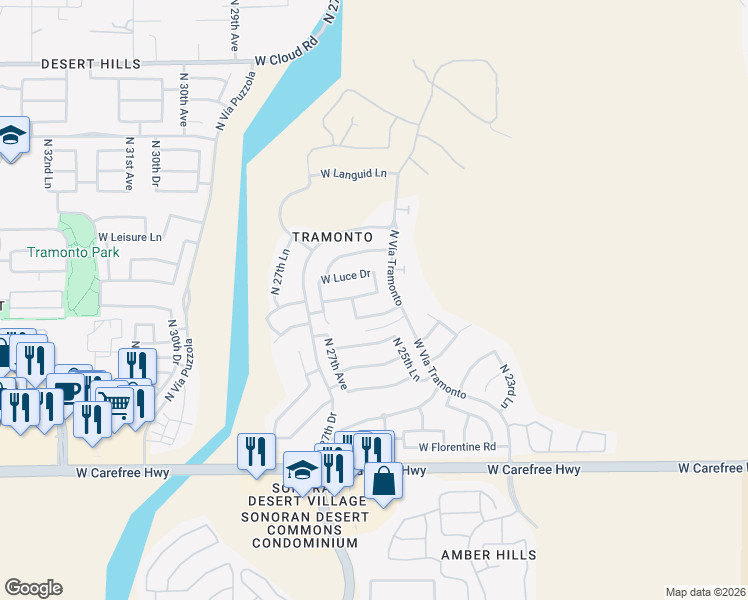 map of restaurants, bars, coffee shops, grocery stores, and more near 2606 West Vía De Pedro Miguel in Phoenix