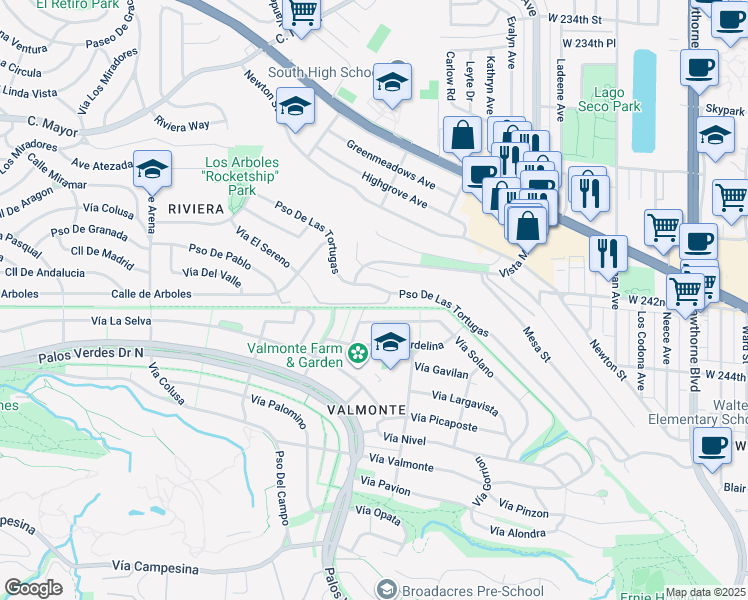 map of restaurants, bars, coffee shops, grocery stores, and more near 4600 Paseo De Las Tortugas in Torrance