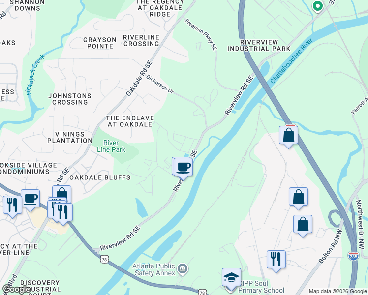 map of restaurants, bars, coffee shops, grocery stores, and more near 6140 Riverview Road Southeast in Mableton
