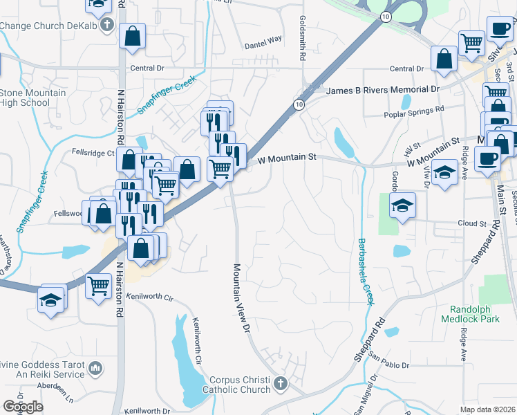 map of restaurants, bars, coffee shops, grocery stores, and more near 4991 Mountain Springs Way in Stone Mountain