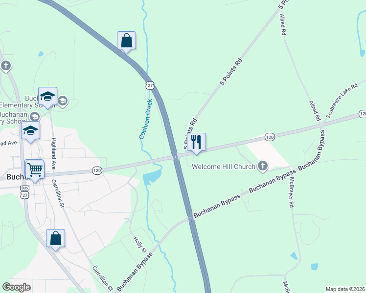 map of restaurants, bars, coffee shops, grocery stores, and more near 24 5 Points Road in Buchanan
