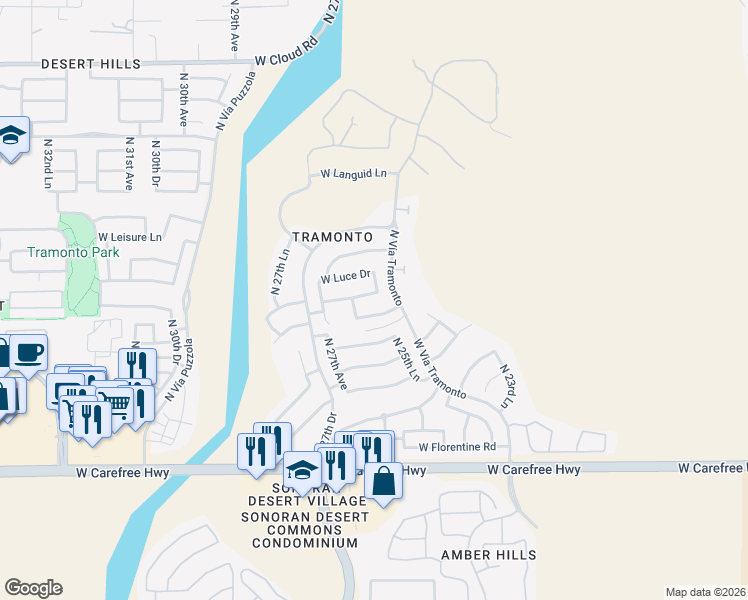 map of restaurants, bars, coffee shops, grocery stores, and more near 2606 West Vía De Pedro Miguel in Phoenix