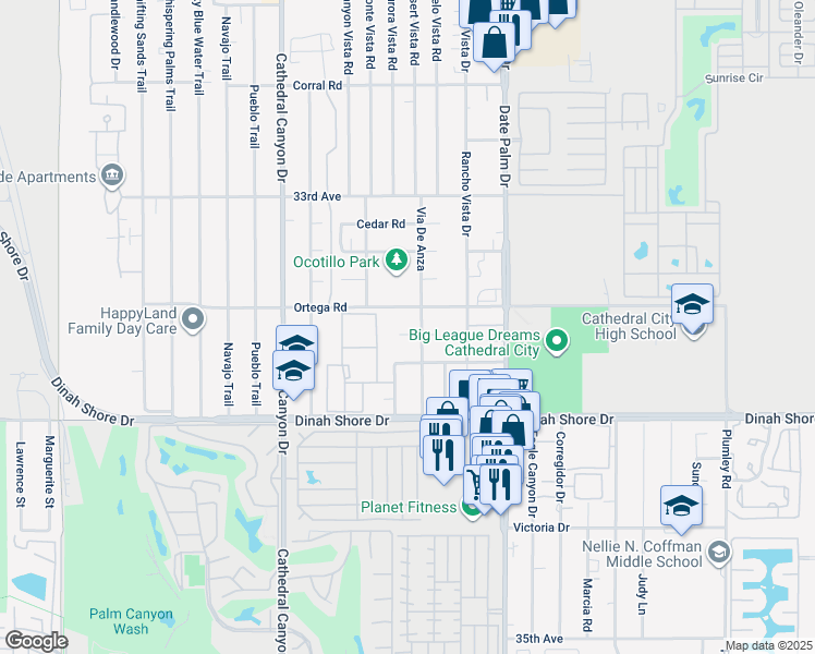 map of restaurants, bars, coffee shops, grocery stores, and more near 33665 Via De Anza in Cathedral City